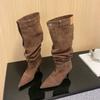 Fashion New Style Car Stitching Pleated Lazy High Cylinder Stack Boots Women's Autumn and Winter Brown Black Slim Heel Knee High Boots