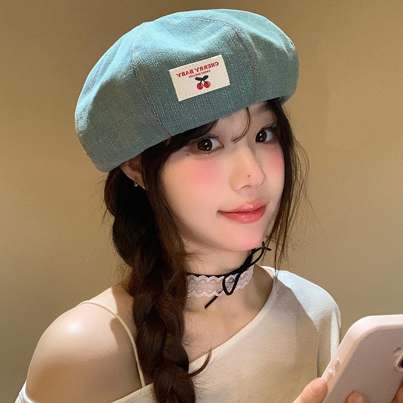Vintage Cherry Patch Denim Beret Children Spring and Summer Versatile Octagonal Hat Show Face Little Painter Hat