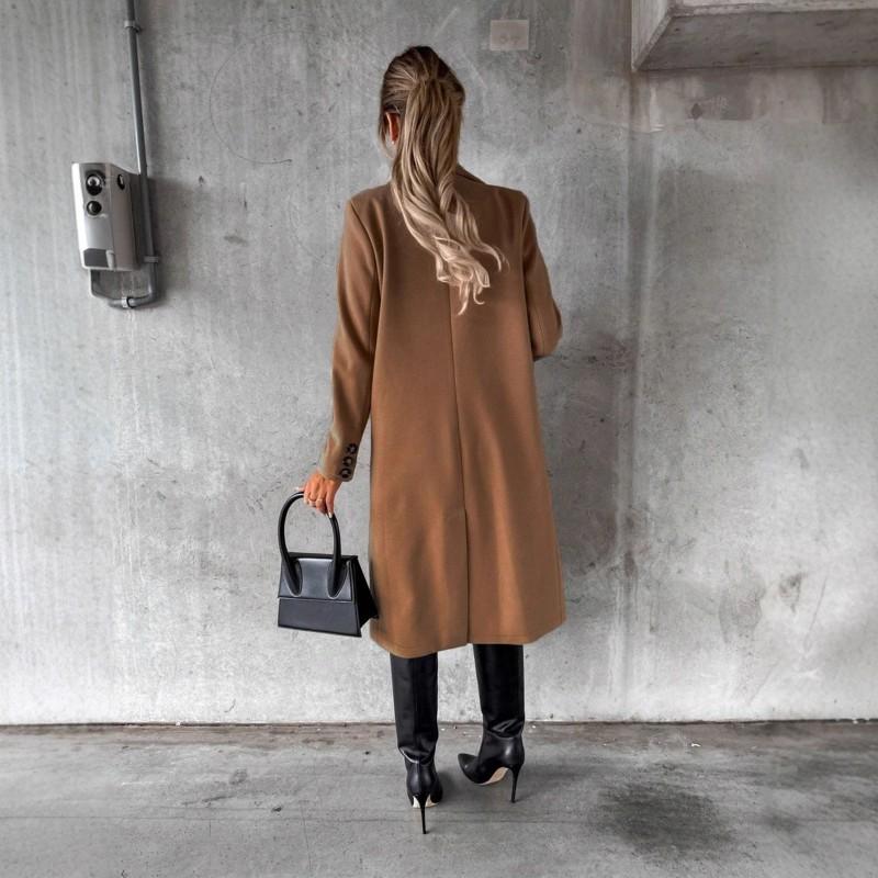 Womens Long Wool Blend Coat With Real Pockets Thick Winter Outerwear Classic Notched Collar Double-Breasted Button
