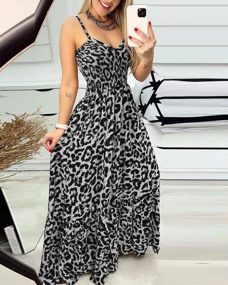 European and American summer new leopard print suspender V-neck dress, high waist skirt, sexy temperament fashion long dress women's clothing
