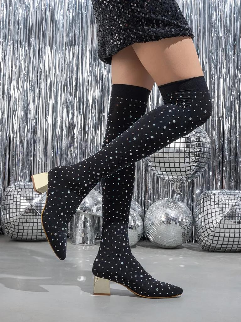 Bottes Sexy Noires Élastiques Automne Hiver pour Femmes, Talon Épais Strassé, Mode Club Nuit Pointues Surdimensionnées