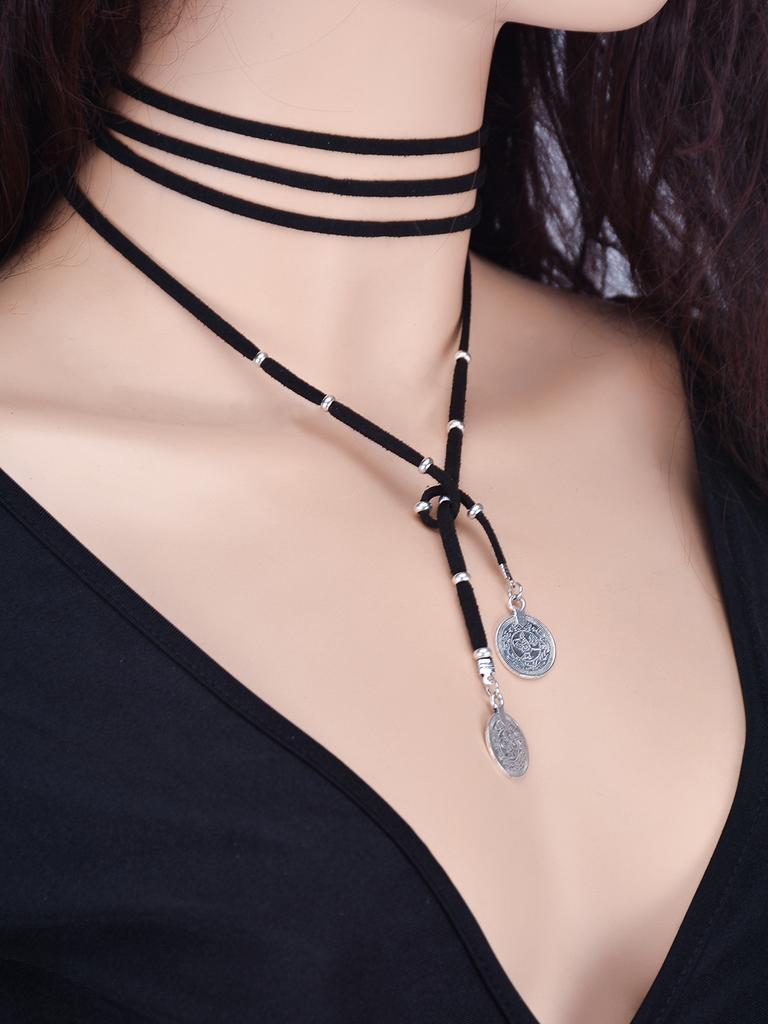 Simple DIY Boho Brown Black Wrap Velvet Choker Necklace Long Chain Tassels Disc Multiway Layered Necklace for Women Girls