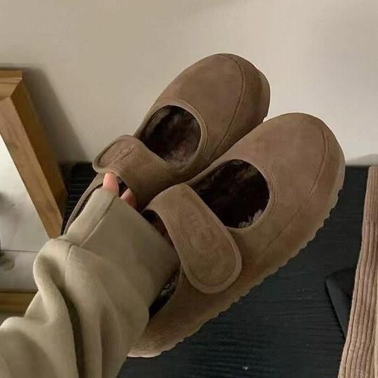 

[В наличии] Кожаные туфли из овечьей шерсти и эдамаме хлопка, женские, для ношения зимой, бархатные, на плоской подошве, милые туфли-Мэри Джейн 40