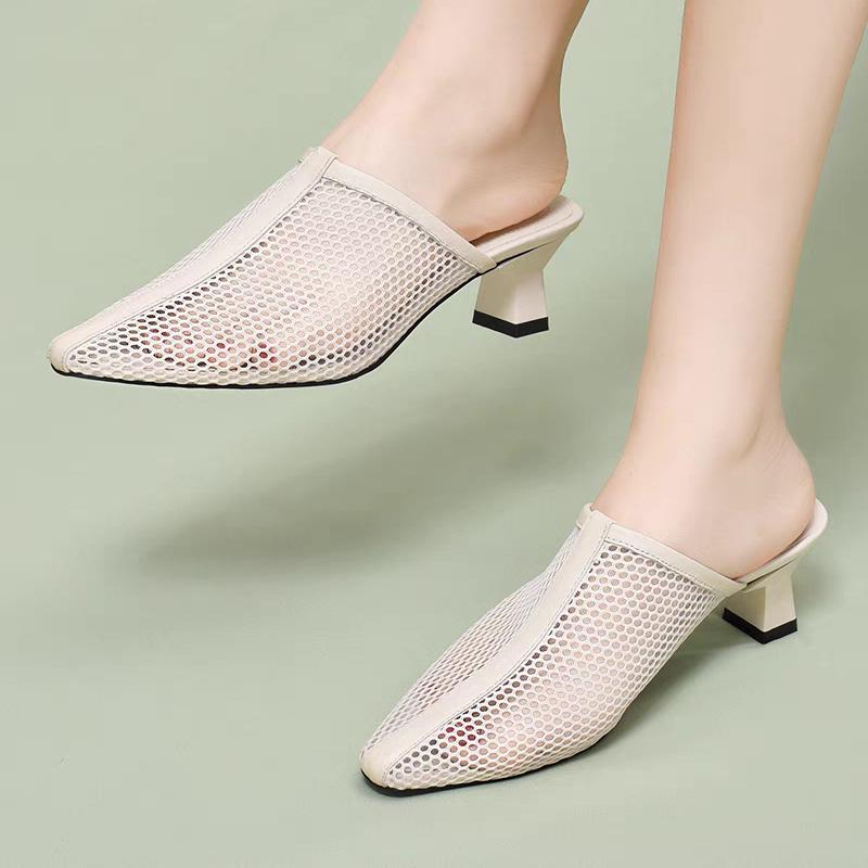 Modă 2024 Papuci de Vară pentru Femei Sexy Pantofi Muli cu Plasă Papuci de Casă de Interior Pantofi cu Vârf Ascuțit Sandale de Exterior