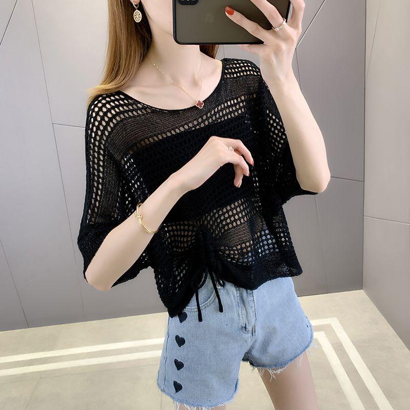 WTEMPO Summer Knitted Cardigan Women's Hollow Thin T-Shirts Loose V-Neck Short Sleeve Knitted Vests Short Tops