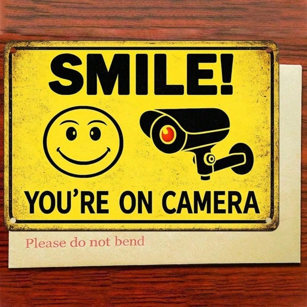 Smile You're On Camera Metal Tin Sign, 2D Flat Humorous Warning Wall Plaque, 12x8 Inch Durable Iron Decor, Easy to Hang