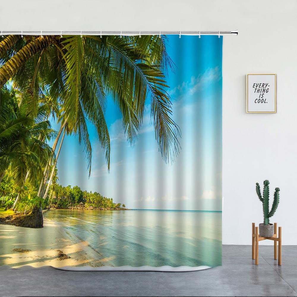 Beach Palm Trees Shower Curtains Sunset Island Hawaii Ocean Natural Landscape Polyester Bathroom Decor Cloth Bathtub Curtain Set