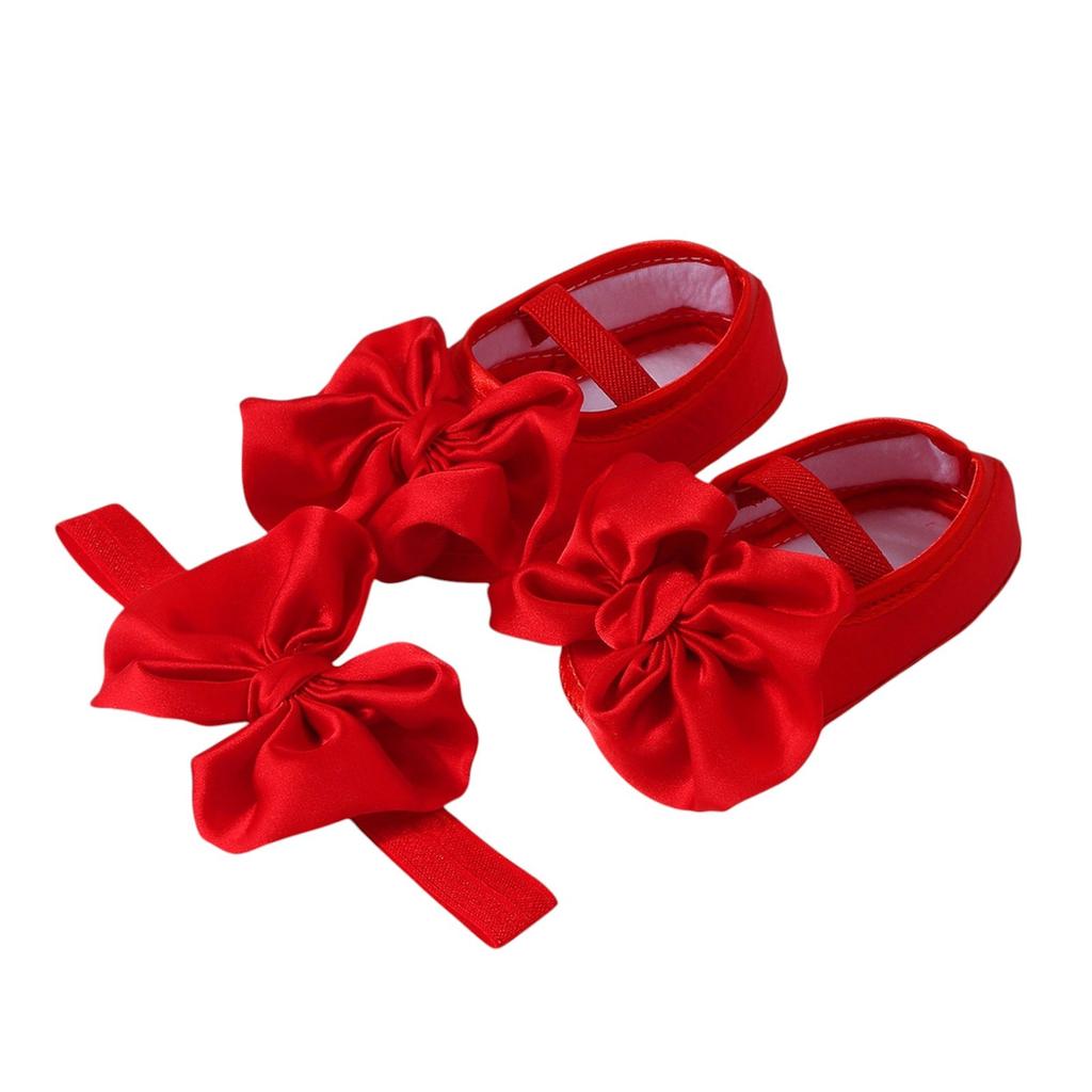 Baby Color Shoes + Hairband Set Big Bow Glue Soft Bottom Non- Toddler Shoes