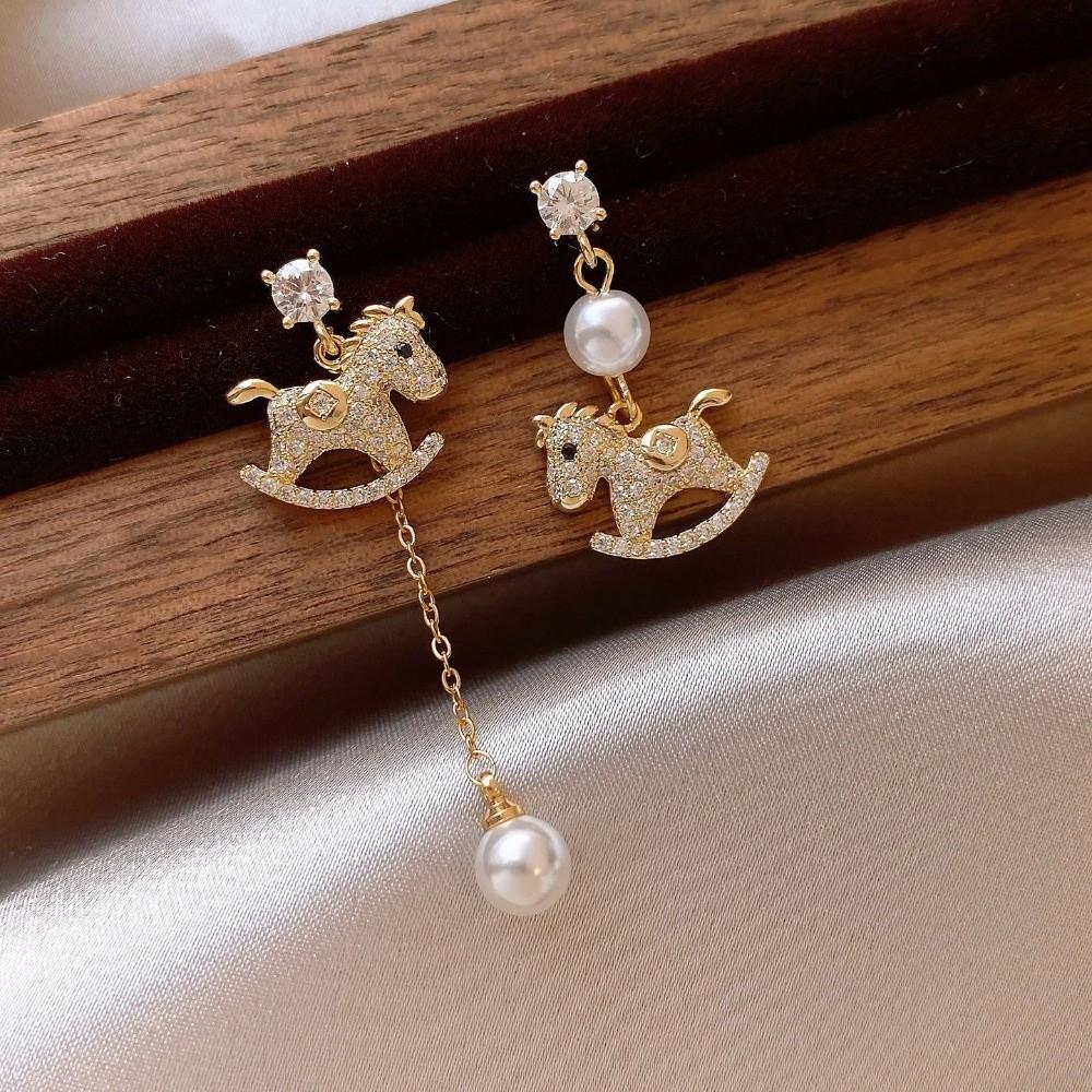 Pearl Gold Pony Earrings Zircon Horse Mascot Drop Earrings  Year of Horse Gift