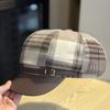 Versatile Leather Brim Plaid Octagonal Hat for Women in Spring and Autumn Trendy Painter's Hat with Small Face and Elegant Temperament
