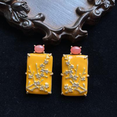 Vintage Pflaumenblüten Ohrringe im chinesischen Stil: 925 Silbernadel, Messing-Emaille & Natursteine für Damen