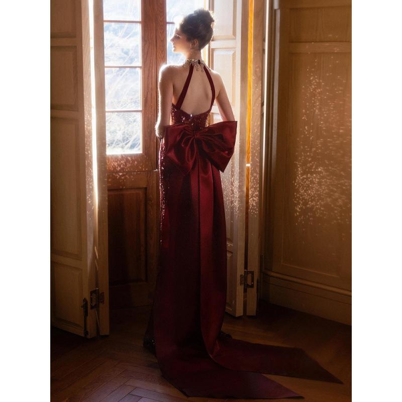 Sequin toasting suit bride burgundy engagement banquet temperament long neck type heavy industry fishtail evening dress dress woman