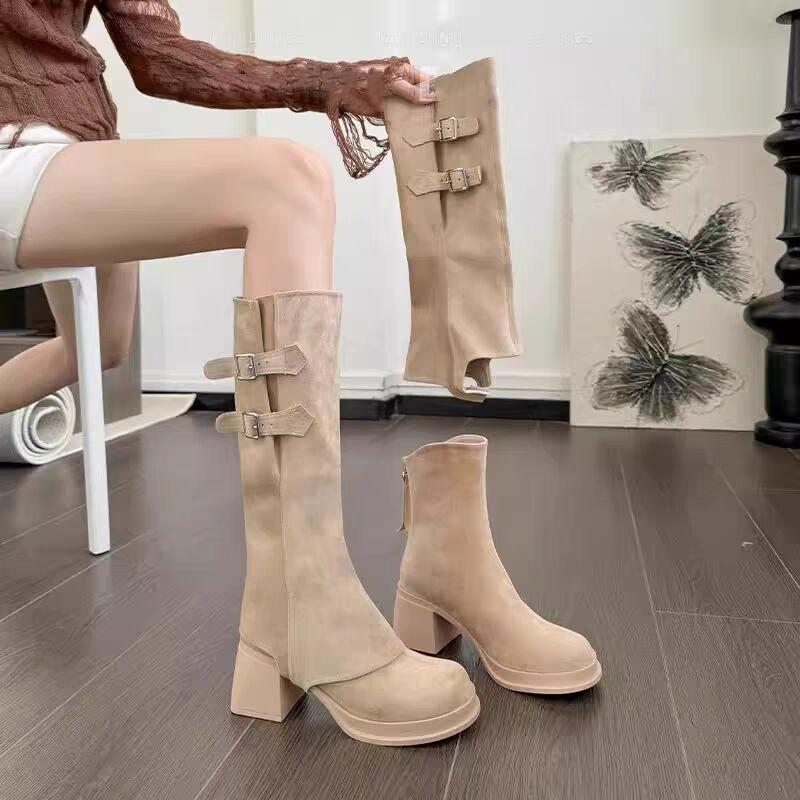 Cow Suede Knee-high Modern Boots Slip-on Buckle Shoes Female 2025 High Quality High Heel Square Heel Novelty Women's Boots