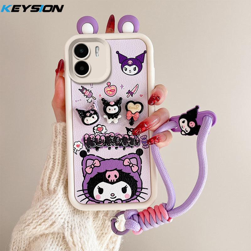 KEYSION Cute Ear 3D Cartoon Case for Redmi 13C 4G 5G with Bracelet Soft Silicone Shockproof Phone Cover for Xiaomi POCO C65