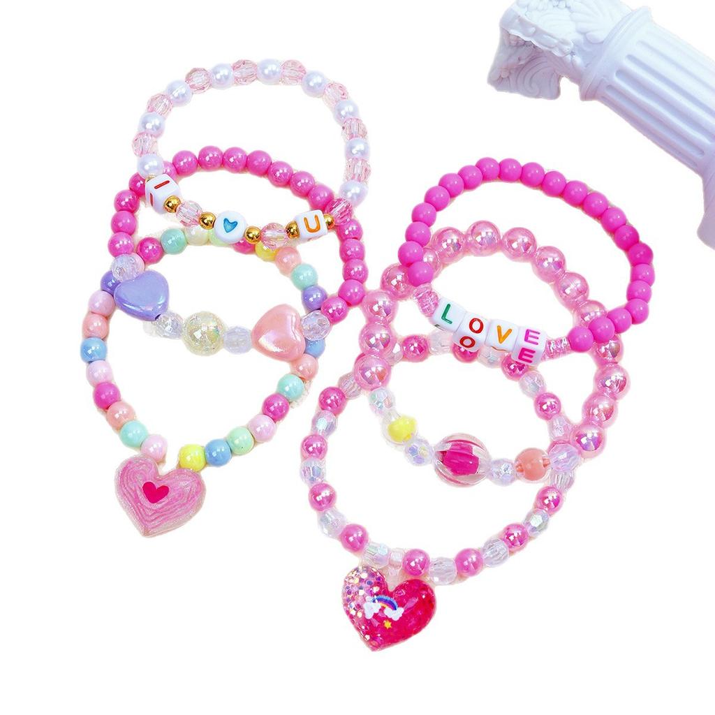 6-Piece Acrylic Beaded Bracelet Set with Heart Charm, Colorful Kids Wristbands Children's Gift Accessories