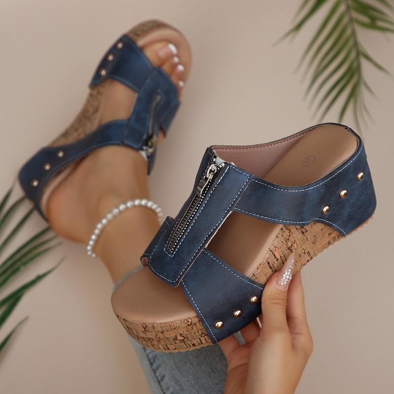 

Новые женские сандалии большого размера, клиновидный каблук, туфли с открытым носком, обувь на толстой подошве 43 синий