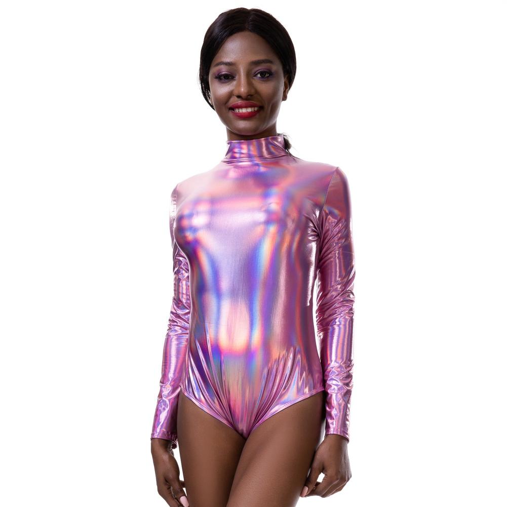 

Женский иллюзорный цветной лазерный тонкий комбинезон для ночного клуба, водолазка с длинными рукавами, танцевальный сценический костюм, карнавальный вечерние боди L