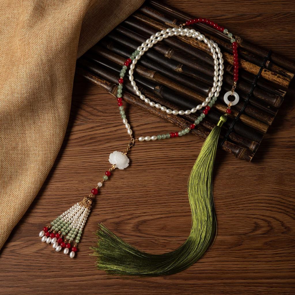 Hanfu Antique Court Long Fringed Accessories Ming-Made Retro Versatile Soft Yingluo Long Cloud-Backed Neck Lotus Necklace