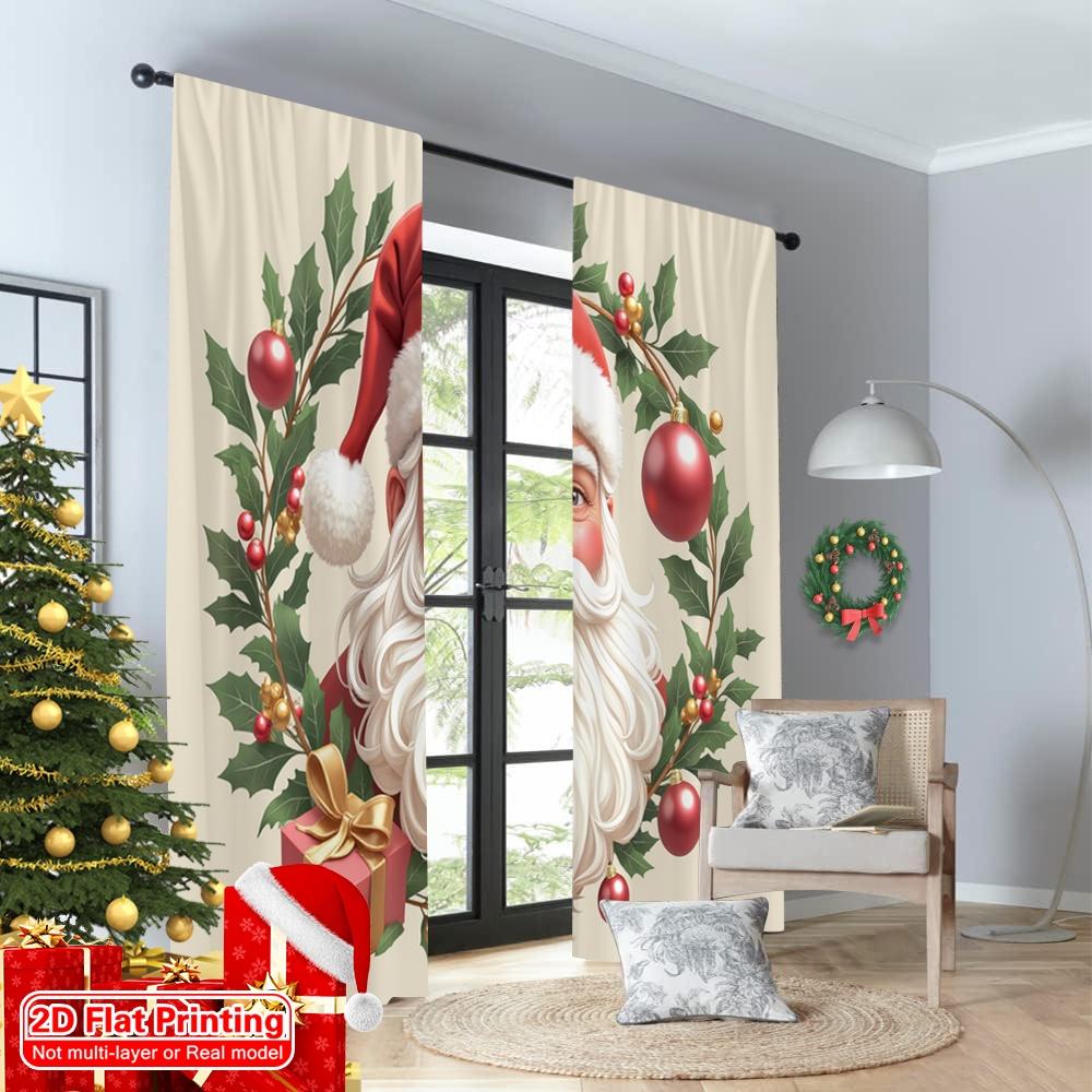 2pcs 2D Flat Printing Christmas Drapes Christmas Santa Claus Holly Ornaments 100% Polyester Fabric Without Electricity Party