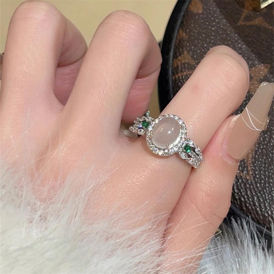 French retro white chalcedony jade ring female ring index finger ring