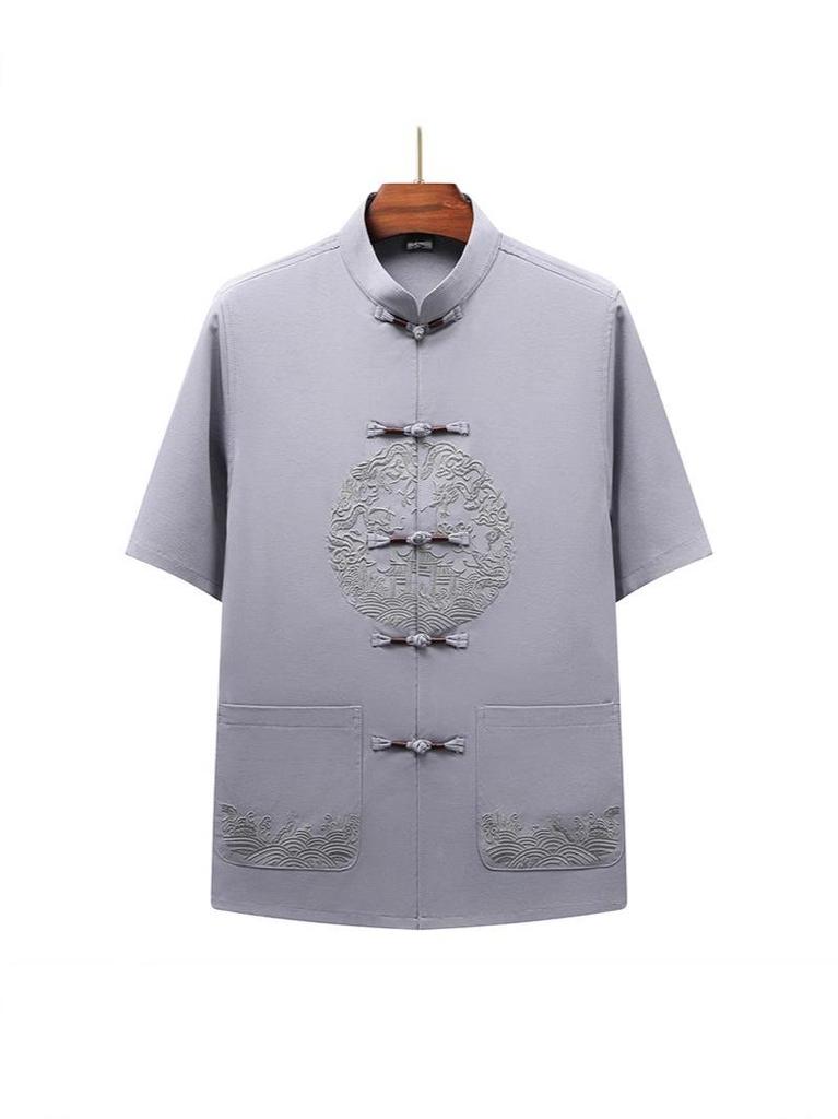 Men's Chinese Style Ice Silk Tang Suit: Two-Piece Summer Set with Short Sleeves and Long Pants for Middle-Aged and Elderly