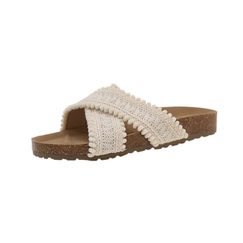 

Summer 2025 new cross word with hemp braided thick bottom slope heel lazy outside wearing beach vacation half slippers women 35