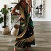 Women Plus Size V Neck Short Sleeve Black Gold Printed Long Straight Maxi Dress