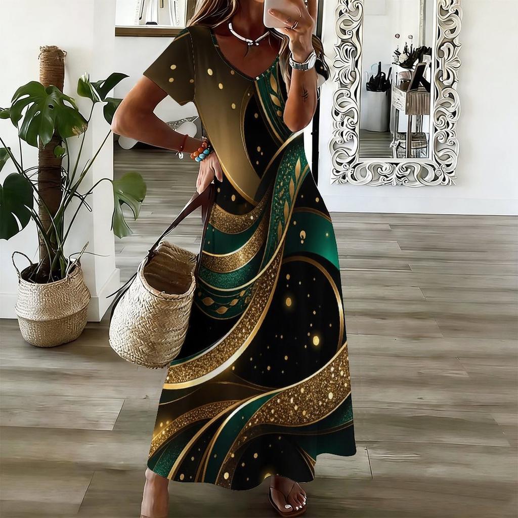 Women Plus Size V Neck Short Sleeve Black Gold Printed Long Straight Maxi Dress
