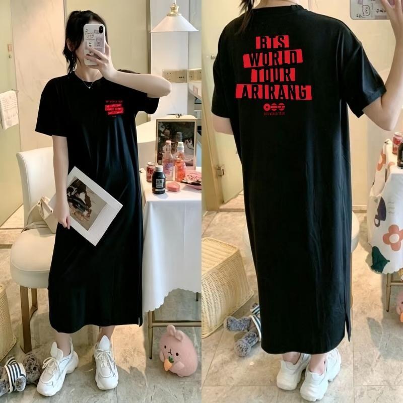 Vestito T-shirt Rotondo Larga Taglia con Fantasia Stampata, Modello Lungo, Camicia da Notte da Donna Stile Rilassato al Ginocchio