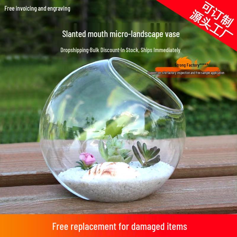 Slanted Mouth Round Glass Vase for Moss Succulents - DIY Eco-Bottle Crystal Home Decoration