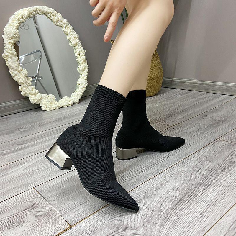 Knitted thin boots fly-woven elastic socks boots black women's shoes 2025 new autumn and winter pointed large size thick heel short boots women