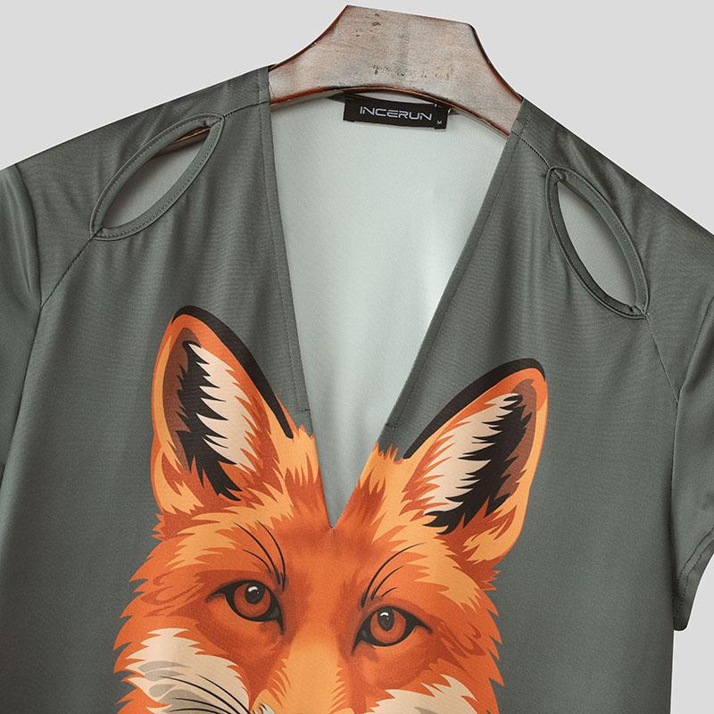 INCERUN Men Cutout V Neck Short Sleeves 3D Print Casual Fitted T-shirts Tops