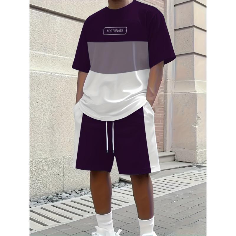 2026 Casual Men's Set Summer Apparel Color-Blocked Short-Sleeve Top Relaxed Drawstring Shorts Stylish Streetwear Ensemble