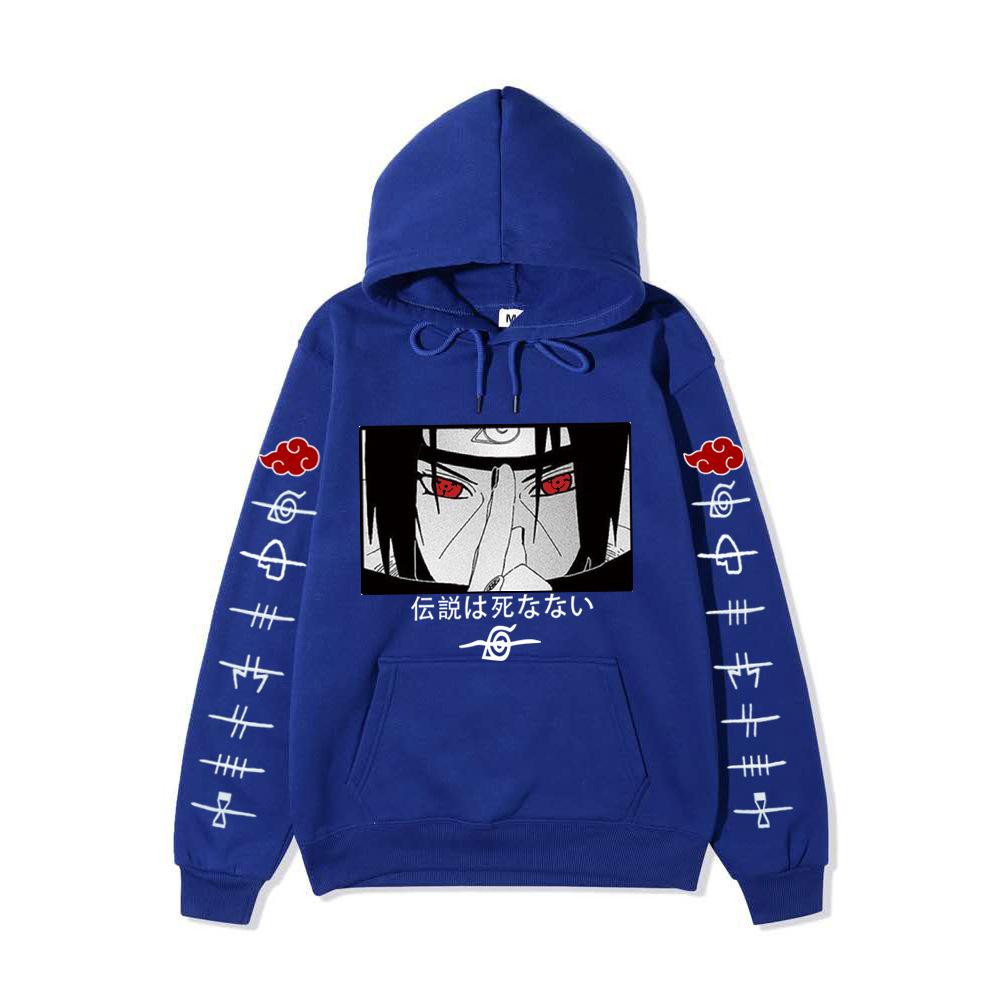 Anime Naruto Itachi Uchiha Hoodie Double Sleeve Akatsuki Cloud & Symbol Print Sharingan Character Front Print Pullover Sweatshirt Men Women Streetwear