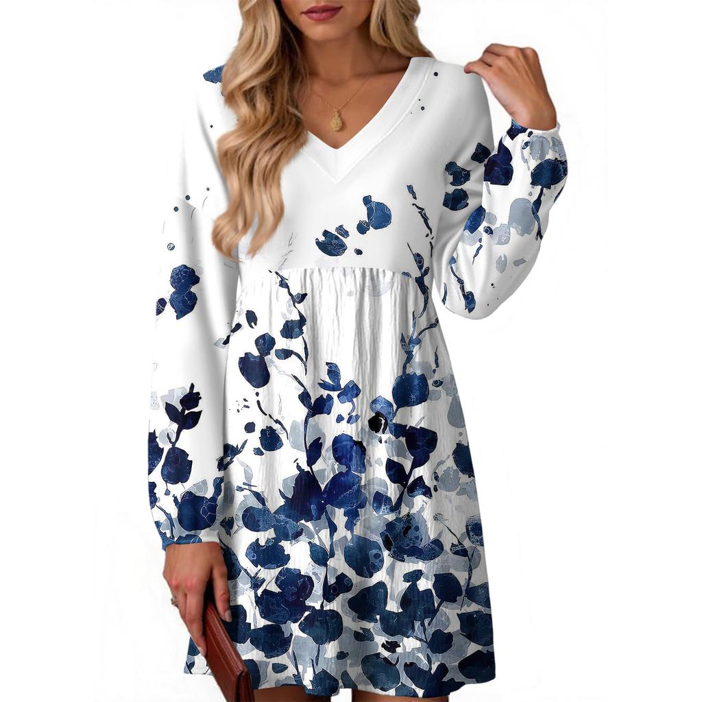 Women's Fashion Floral Print V-Neck Long Sleeve Dress
