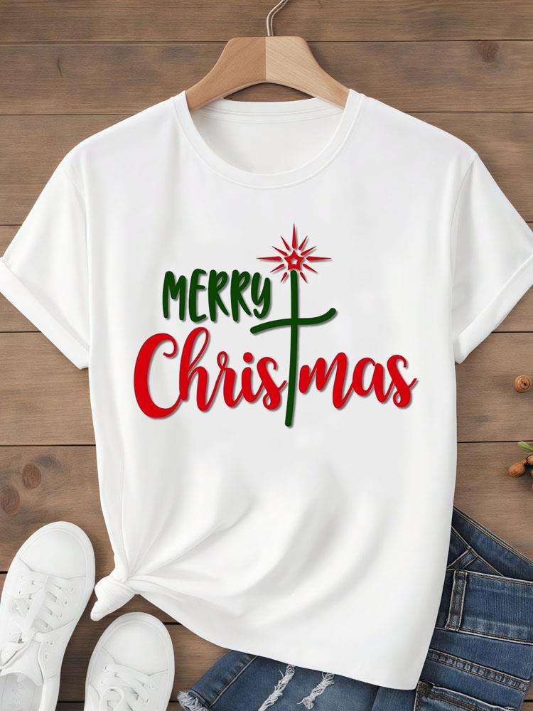 (Asian Size)sweet tree Tee Top festival  Merry Christmas New Year Holiday Women Print Lady Short Sleeve Fashion Graphic T-shirts