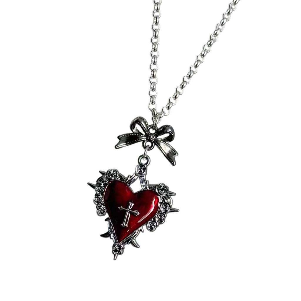 Multipurpose Love Heart Bowknot Gothic Necklace with Crosses Pendant Adjustable Length Designs Jewelry Accessory