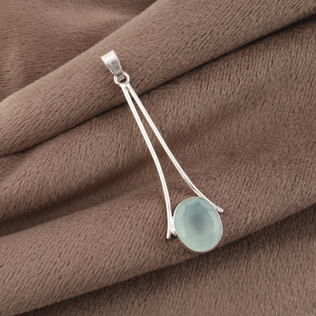 Aqua Chalcedony Gemstone 925 Sterling Silver Jewelry Handmade Elegant Pendant 1.79" For Anniversary Gift PP-69-17