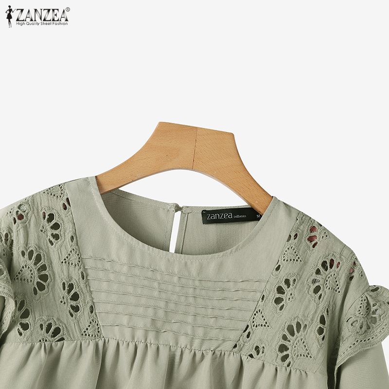 ZANZEA Women Casual Round Neck Long Sleeve Lace Crochet Splice Blouse