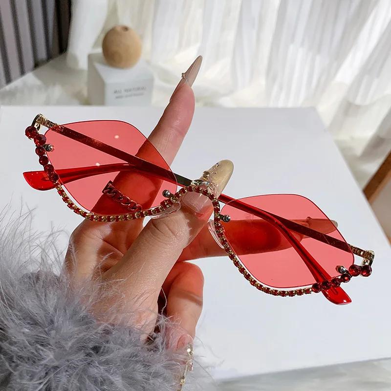 Diamond Vintage Brand Designer rhombus Sunglasses Women For Female Luxury Sun Glasses Punk Popular Half Frame Rhinestone Eyewear