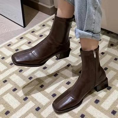High Quality Ladies Shoes Zipper Women's Boots Winter Square Toe Solid Short Barrel Chunky Heels Fashion Mid Calf Boots