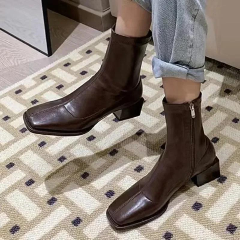 Fashion Winter Women's Chunky Heel mid Calf Boots Zipper Square Toe Ankle Boots For Women Solid Short Barrel Fashion Ladies Shoes 2025