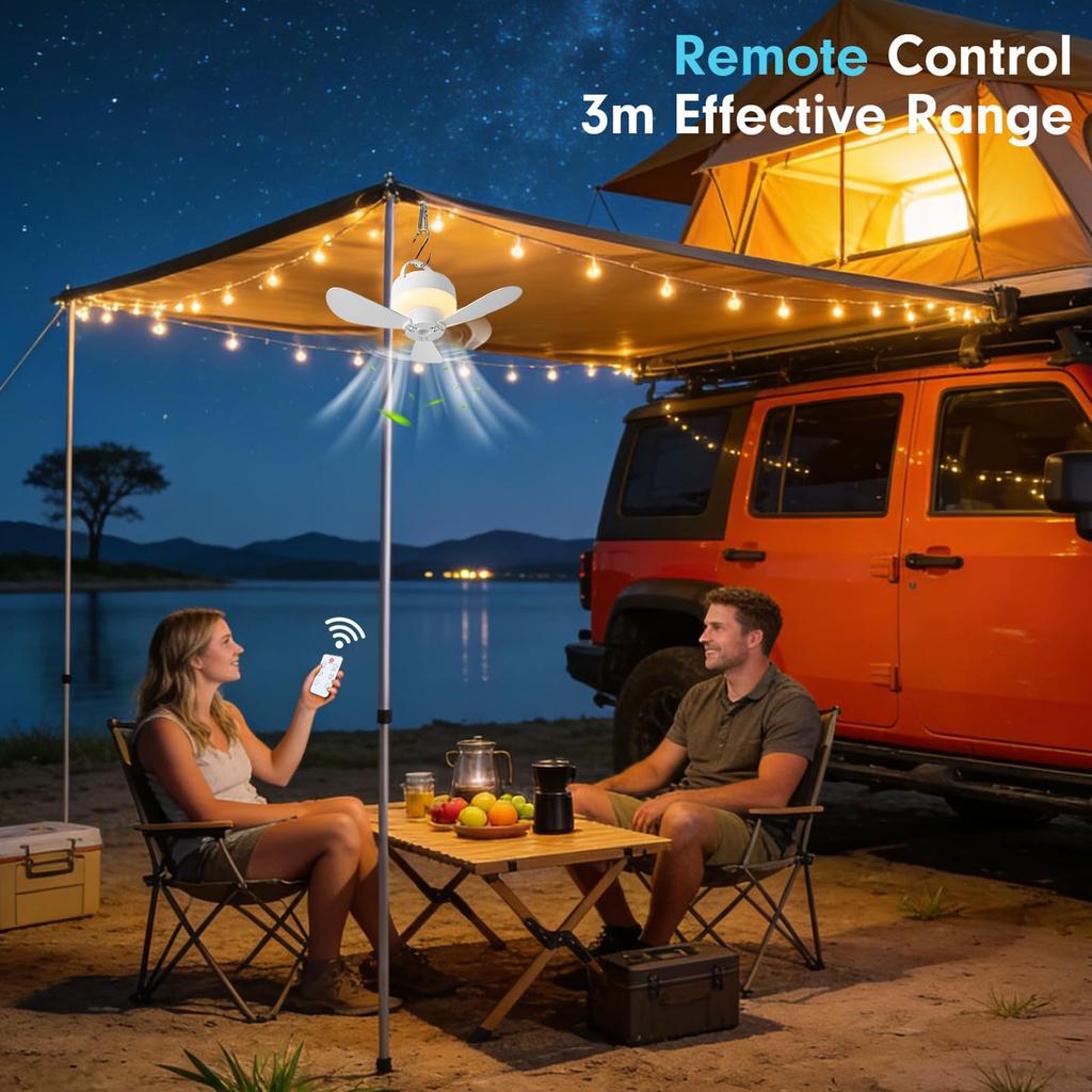 Outdoor Camping Fan Portable Ceiling Fans Tent Ventilator Cooler Rechargeable Electric Fan Remote Control LED Lighting 5 Speeds