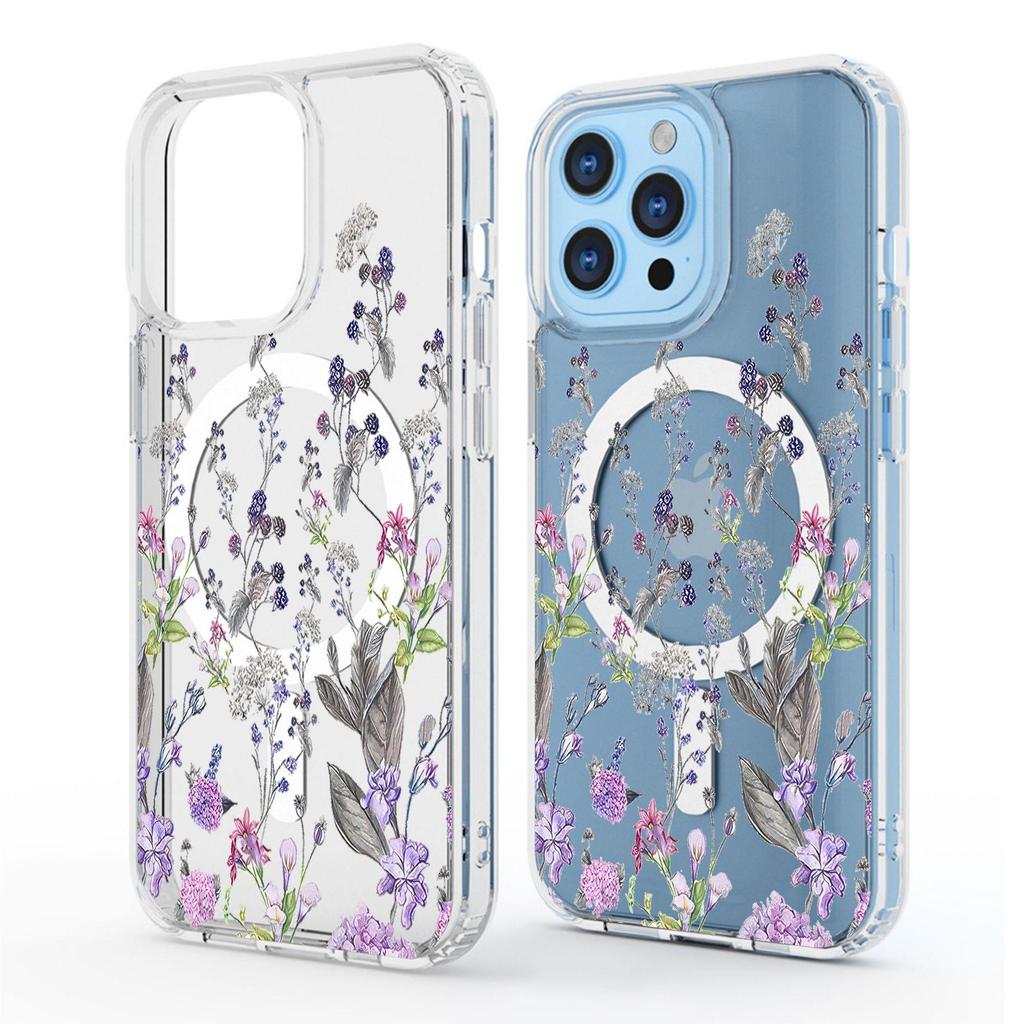 Purple Flower Magnetic Case for iPhone 15/16/17 Pro Max - Transparent Full Coverage Protection