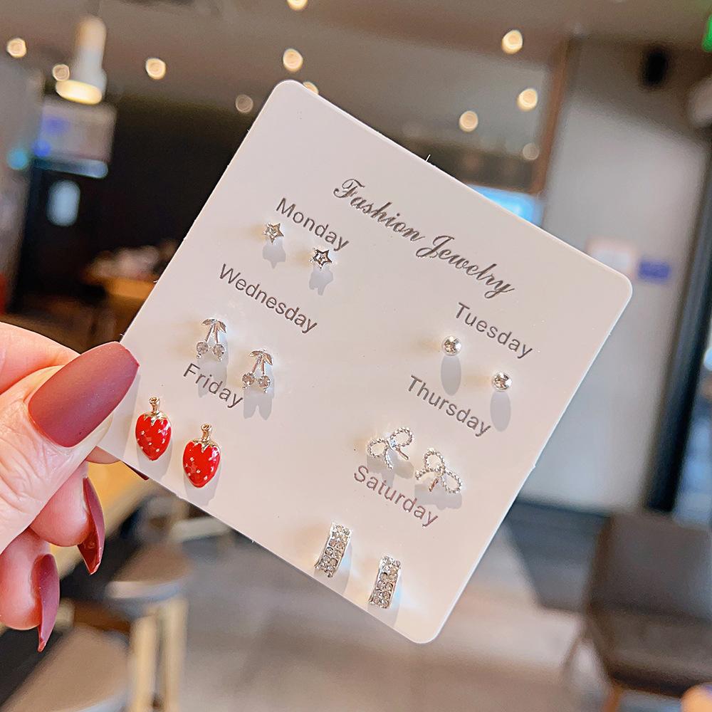 New small fresh one-week stud earrings set 1 pair combination Korean version sweet love bow fairy temperament earrings