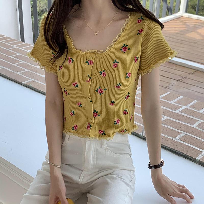Retro Knit Short-sleeved T-shirt Female Summer Gentle Slim Small Flowers Navel Exposed Tops Casual Essential Comfort Style Slim Fit Pullovers Tees
