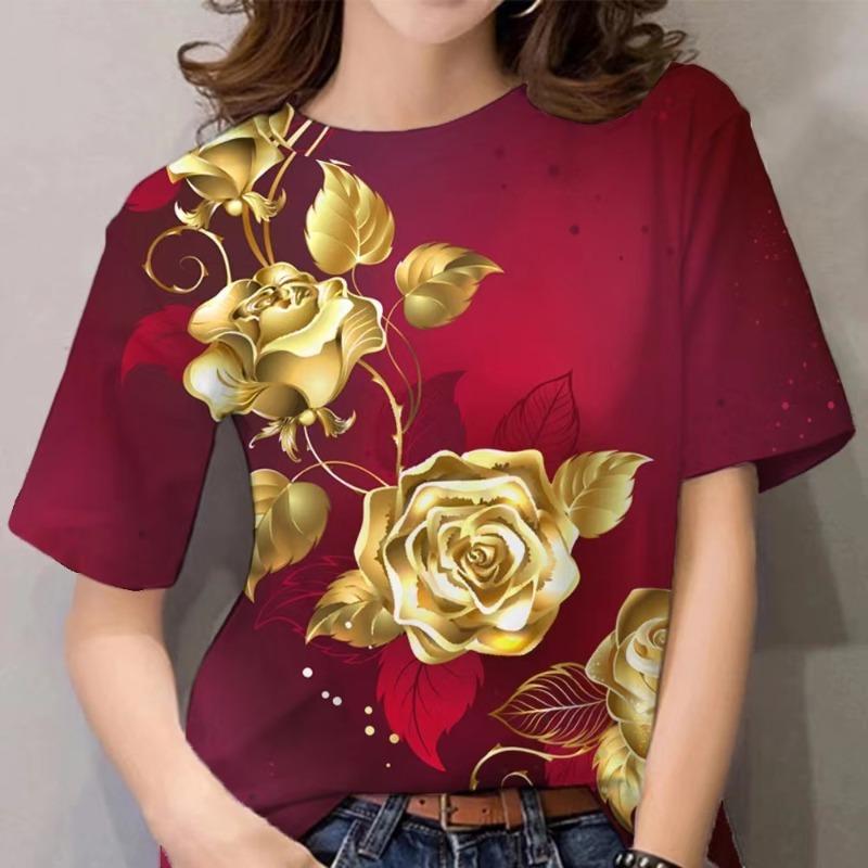 Luxury Women's T Shirt Floral Print Harajuku Clothes O Neck Casual Short Sleeve Tees Daily Y2k Blouse Oversized Tops