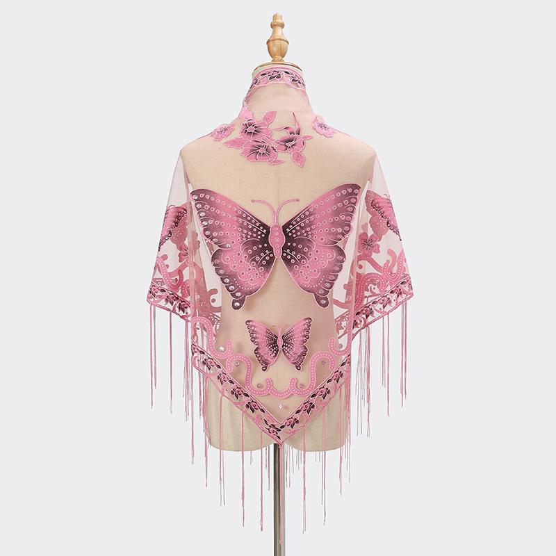 New Tassel Triangle Scarf, Solid Color Hollow Lace Butterfly Embroidered Triangle Shawl Scarf for Women