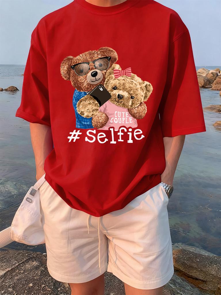 Cute Couple Bears Selfie Printing TShirts Womens Summer Cotton Short Sleeve Tees Loose ONeck Comfortable Tops Casual Clothes