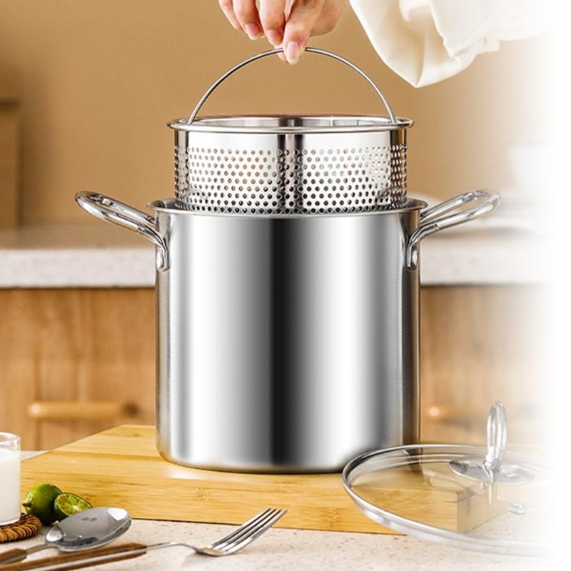 Multi Functional Stainless Steel Cooker Pot With Frying Basket Heat Resistant Lid Even Heating Design Works On Gas Induction